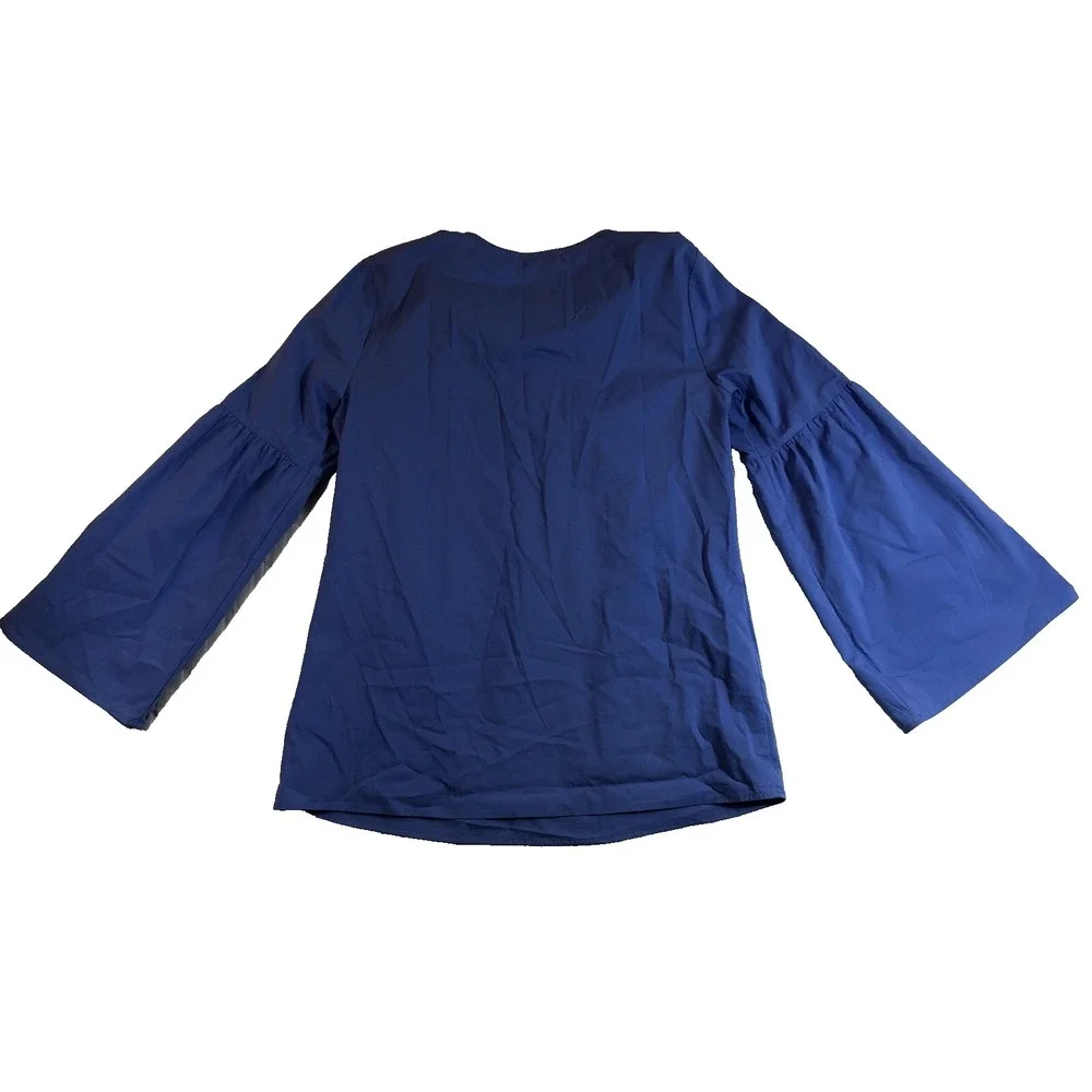 Michael Kors Blouse Women's Small Oxford‎ Blue Long Bell Sleeve Top Neck Tie New